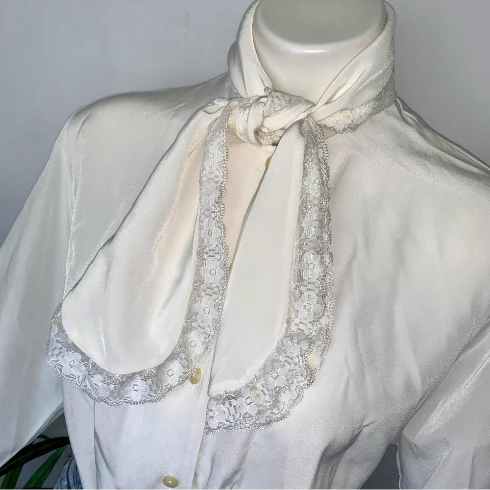 v i n t a g e :: Victorian Lace High Draped Neck Tie Blouse - Picture 1 of 11